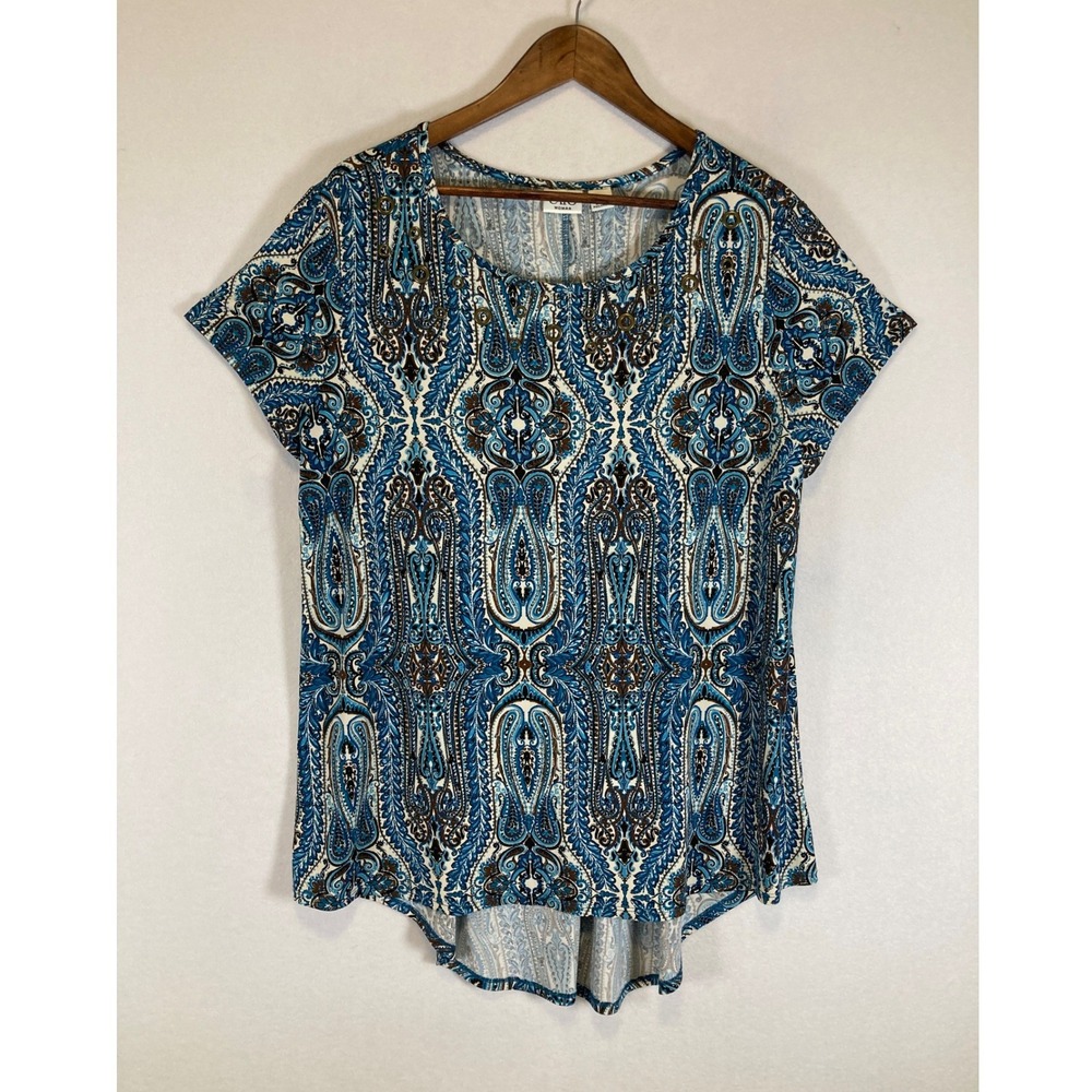 Boho‎ Cato Woman 14/16W Blue Paisley Grommet High Low Short Sleeve Top